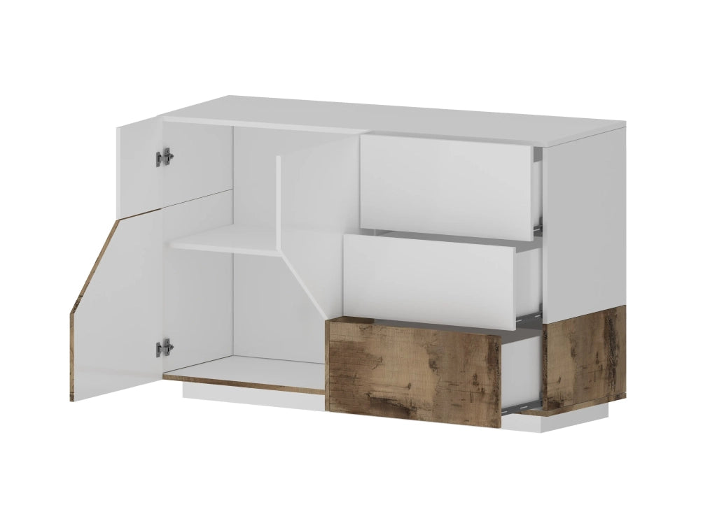 Credenza 140x43cm madia soggiorno cucina bianca 2 ante 3 cassetti Mira Wood
