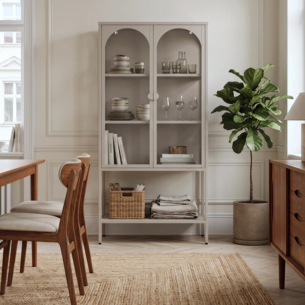 Vetrina Klippestad Credenza Alta a 2 Ante in Vetro e Ripiano Aperto 160 x 80 x 35 cm - Color Cammello [en.casa]