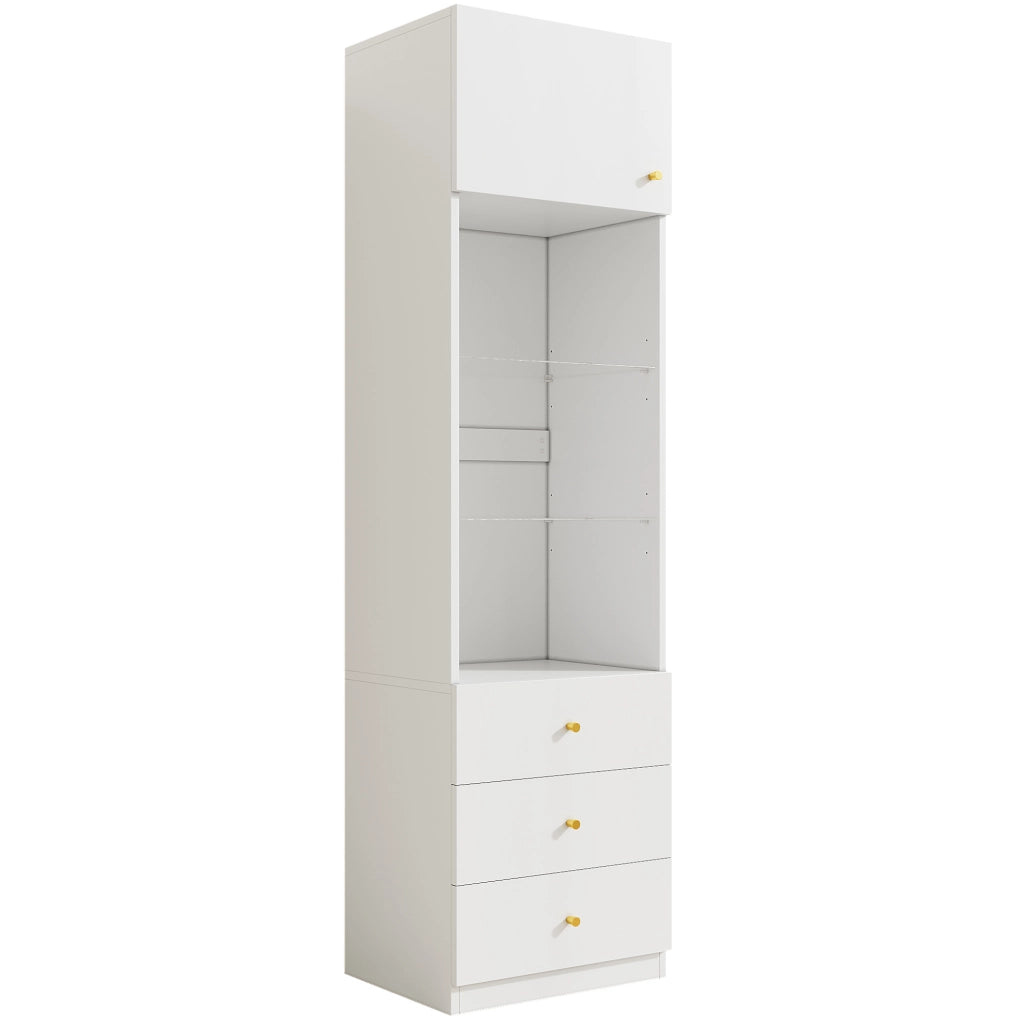 Vetrina alta bianca 50x40x180 cm in MDF e vetro con ripiani regolabili e 3 cassetti