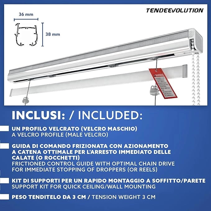 Binario Tenda a Pacchetto 4 Calate con cassone, Bastone Attacco Parete/Soffitto, Binario in Alluminio Bianco Lunghezza 100 CM Comando a sinistra