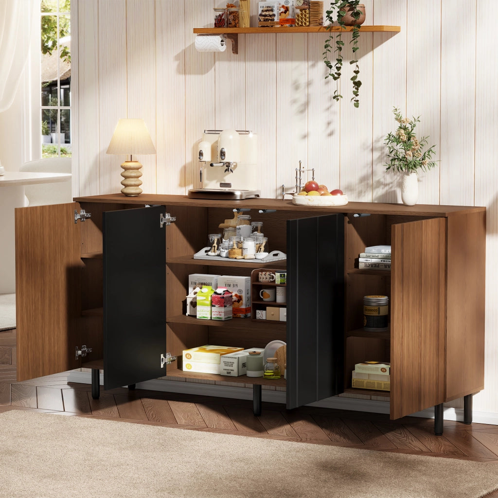 BUFFET 160x35x80 cm in Truciolato Noce e Nero con 4 Ante
