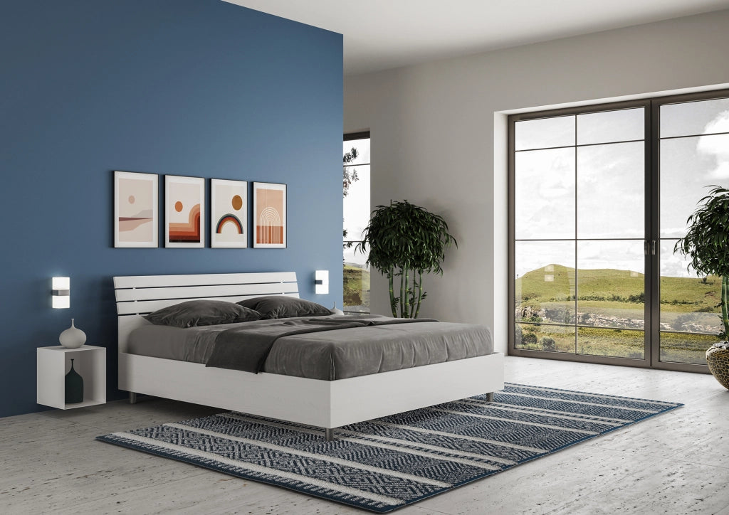 BS COM Letto matrimoniale contenitore 160x200 testata inclinata con doghe bianco frassino