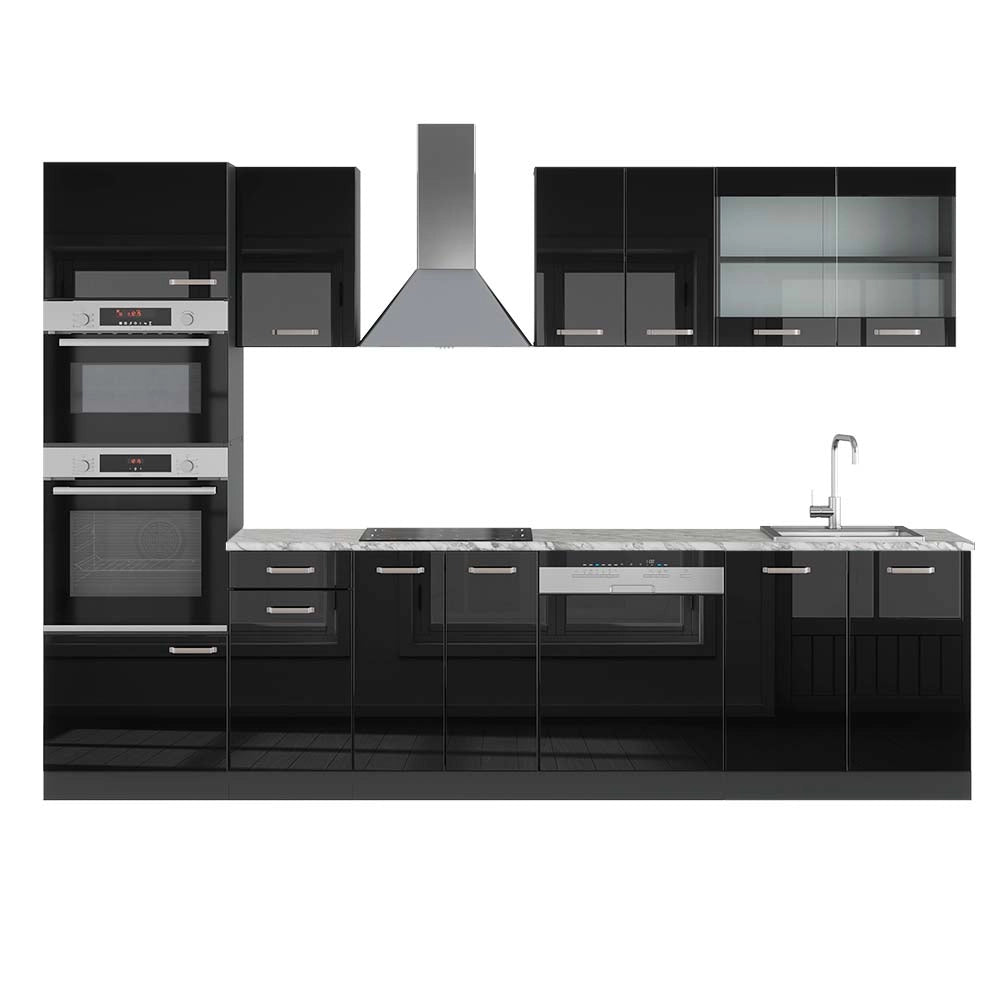 Vicco Cucina componibile Nero lucido/antracite 300 cm con armadio alto, PL Marmo
