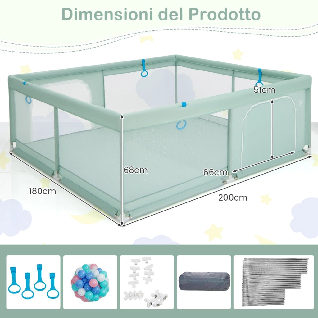 Recinto da gioco per bambini con rete traspirante maniglie palline oceaniche, Parco giochi 200x180x68cm Verde
