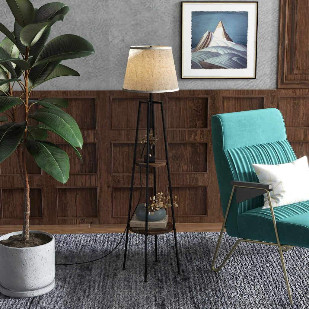 EasyComfort Lampada da Terra a 2 Ripiani in Metallo e MDF con Paralume in Tessuto, Ø42x166 cm, Nero e Marrone
