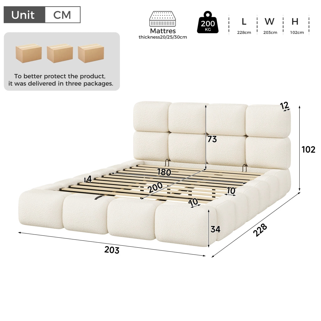 letto imbottito bouclé bianco 228 x 203 cm