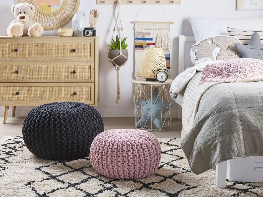 Pouf ottomana rosa in cotone lavorato a maglia perline EPS riempimento rotondo piccolo poggiapiedi 40 x 25 cm