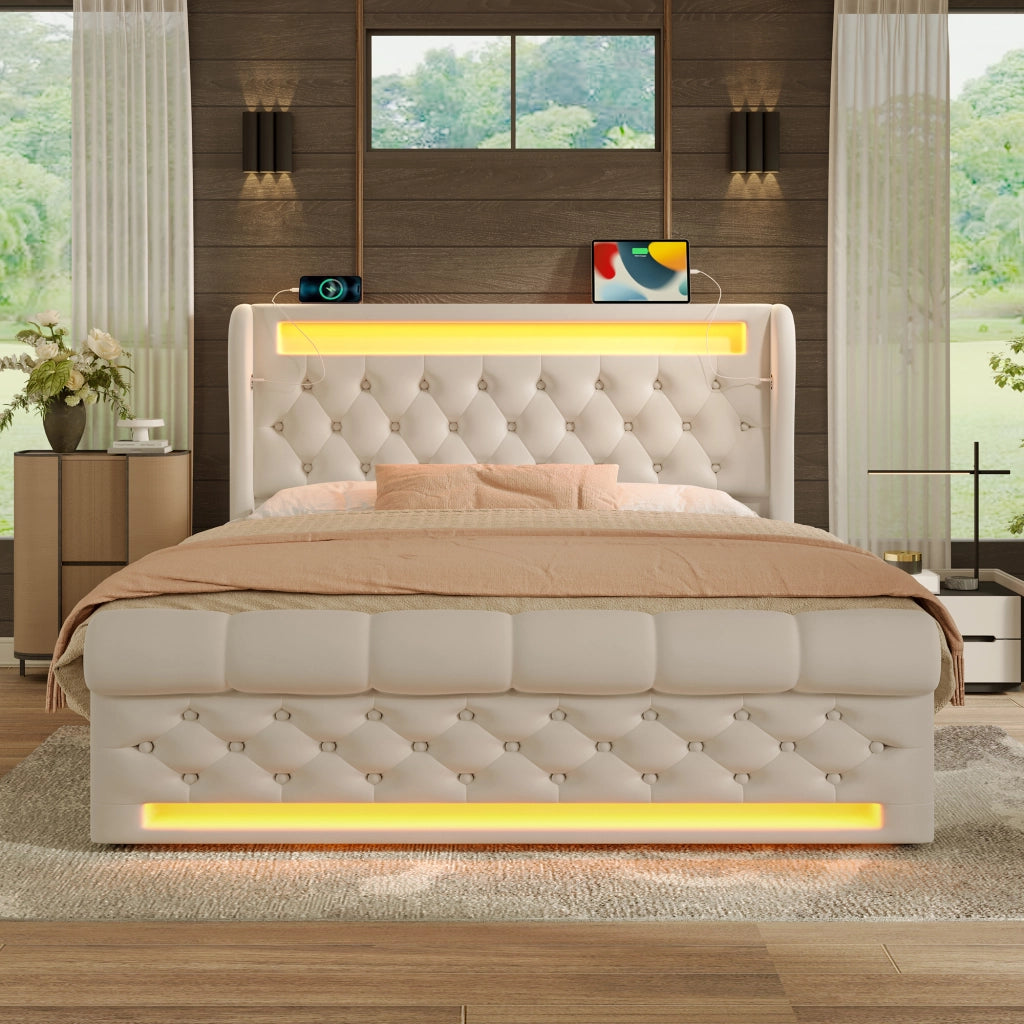 Letto Contenitore Matrimoniale Imbottito con LED ¨C MINIMAL ¨C Velluto Beige 140x190, Testiera USB, Idraulico