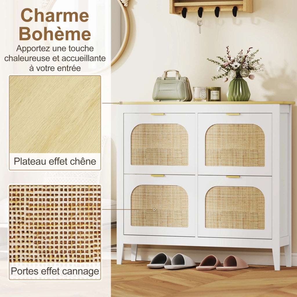 Scarpiera con 4 cassetti e ante effetto rattan ¨C Zephmum ¨C Bianco 105x24x95.5 cm