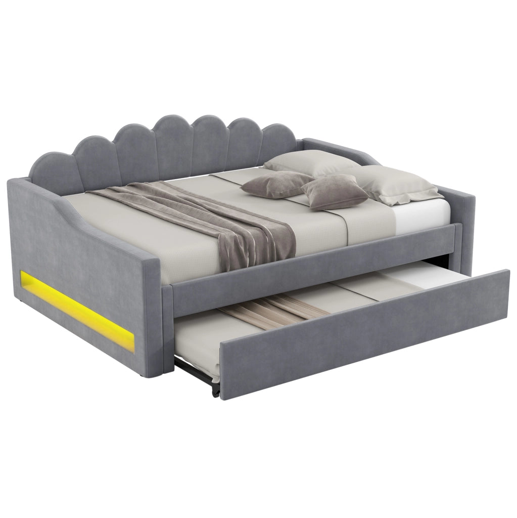 Letto daybed imbottito 140x200 cm con letto estraibile e LED; grigio