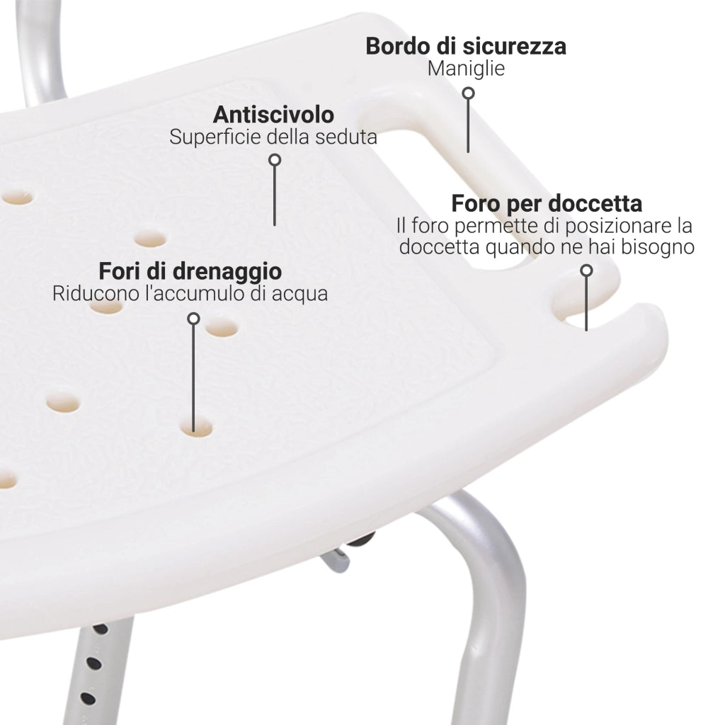 Sedia da doccia regolabile con ventose ¨C Minimal ¨C plastica e alluminio, 50.6x43x71-88 cm