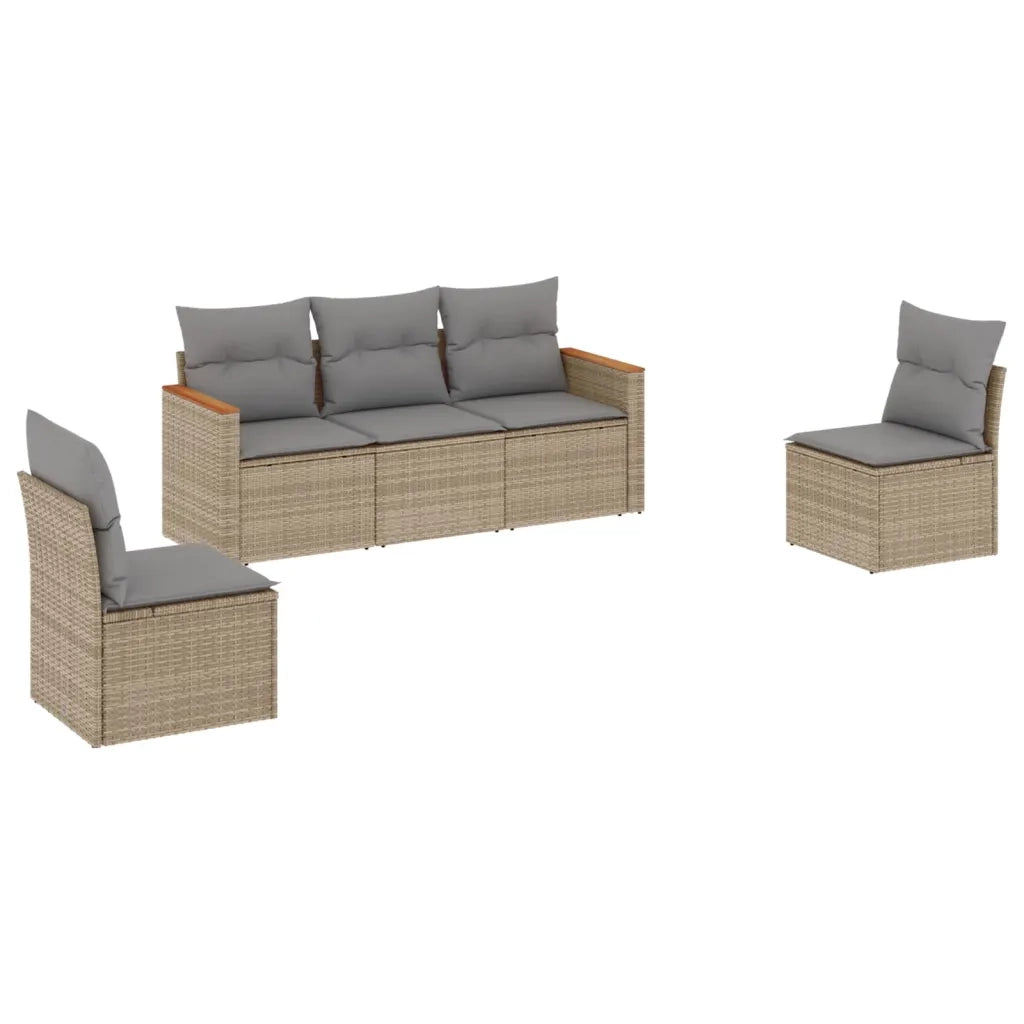 Set Divano da Giardino 5 pz con Cuscini Beige Misto Polyrattan