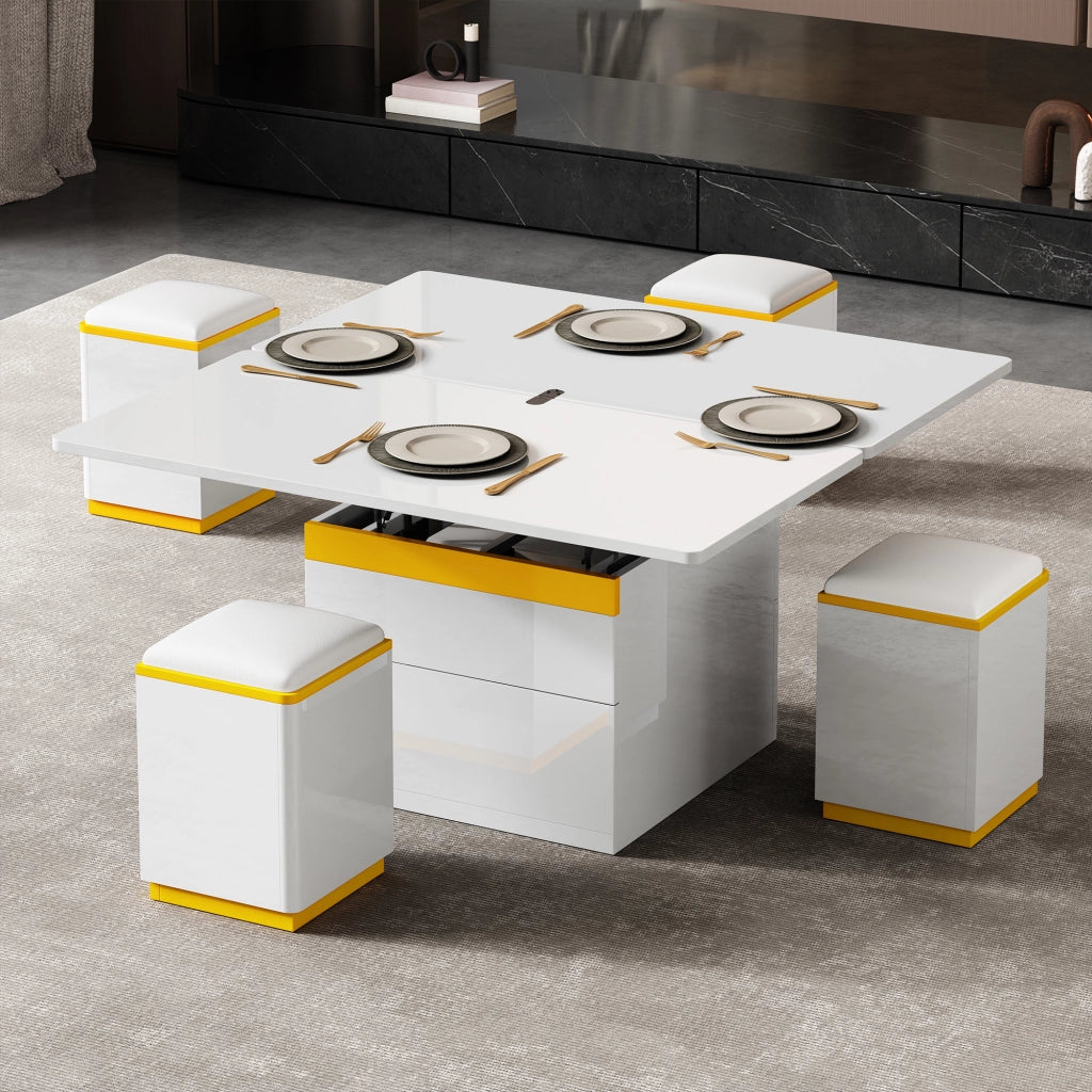 Tavolino da salotto alzabile con piano apribile, 1 cassetto, vani aperti e 4 sgabelli, bianco, 100 × 50 × 43 cm