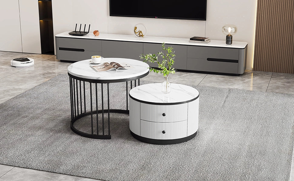 Set di 2 tavolini da salotto rotondi bianchi e neri con effetto marmo lucido, 60x60x45,5 cm e 50x50x32 cm, 2 cassetti, portata 30 kg
