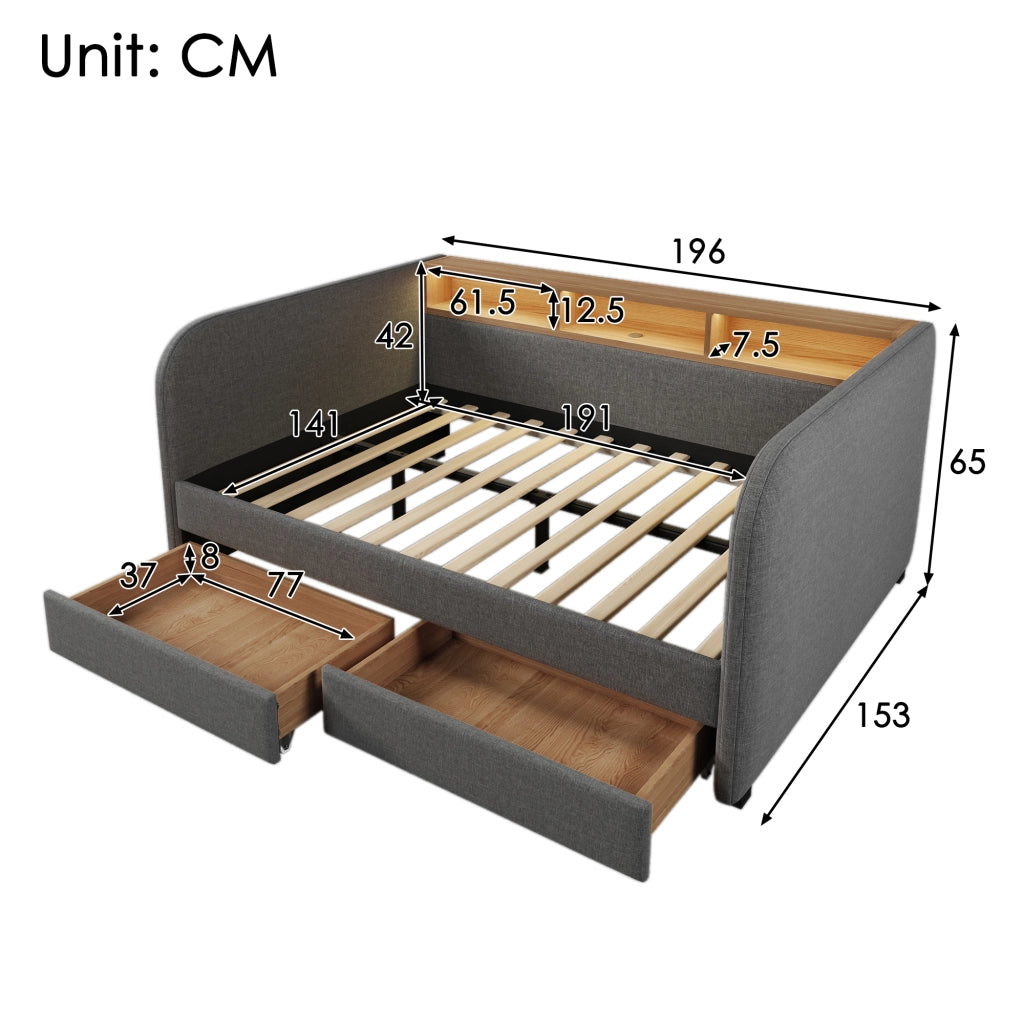 LETTO Imbottito 140x190 cm Grigio in Lino con LED, USB e 2 Cassetti