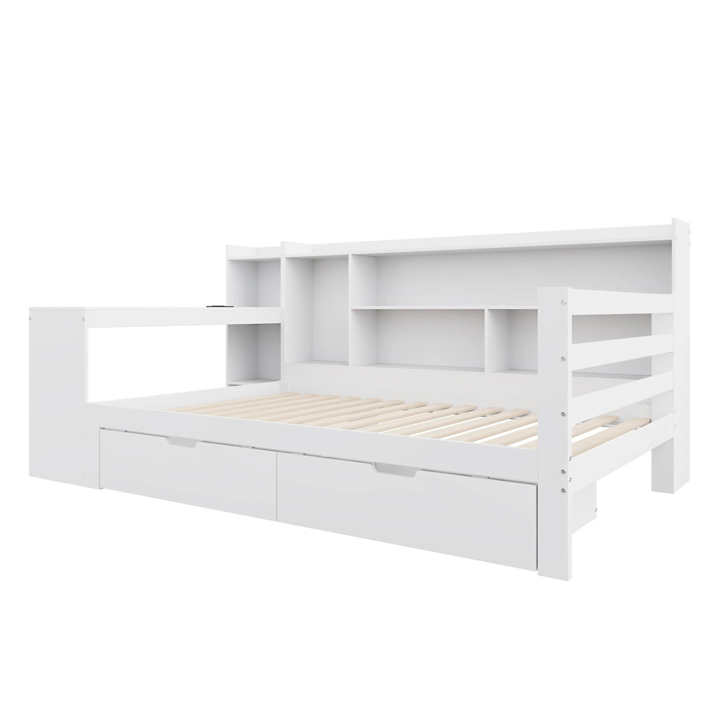 Letto singolo salvaspazio 90×200 cm con scrivania; libreria; cassetti; prese USB; senza materasso; legno; bianco