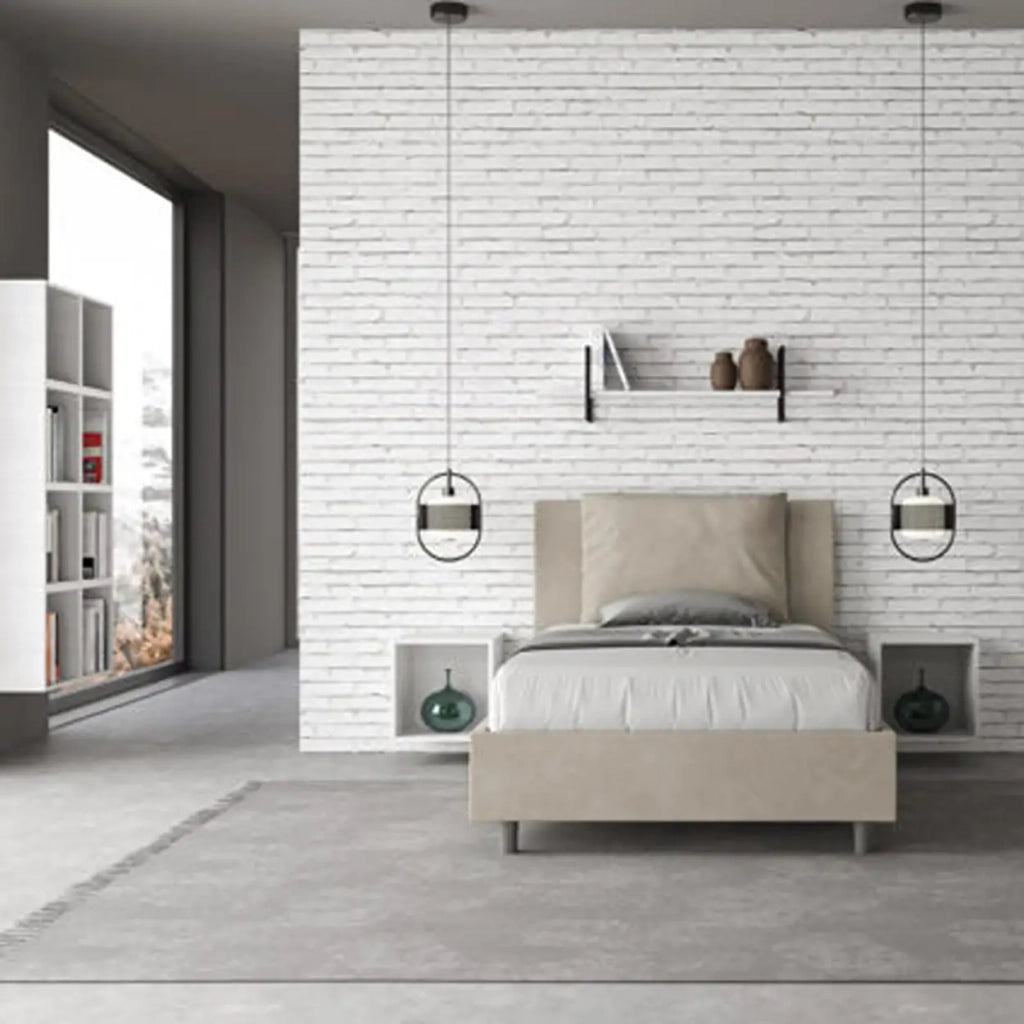 Letto una piazza e mezza contenitore imbottito 120x210 microfibra sabbia Antea