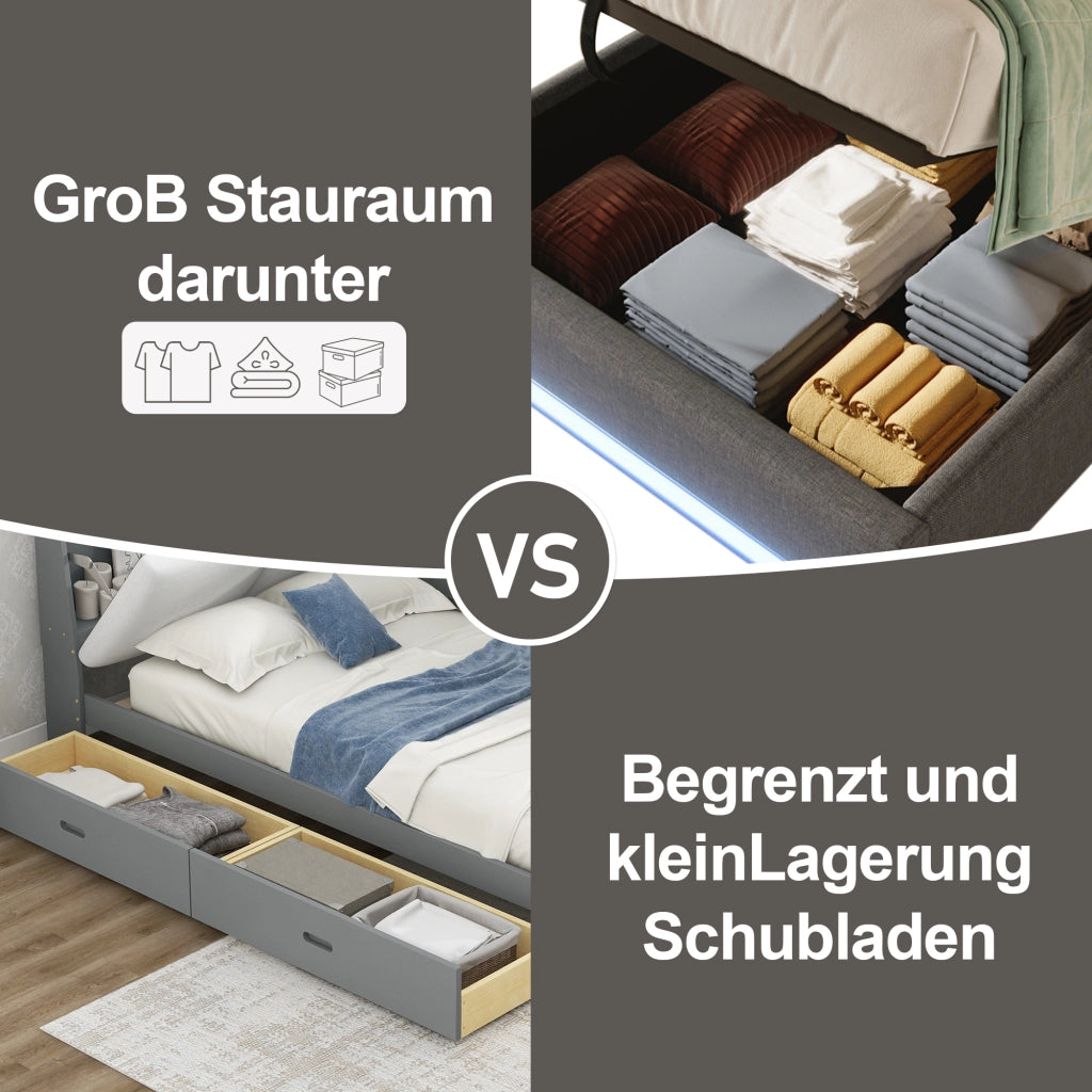 LETTO contenitore 90x200 cm in lino grigio con LED, USB e Type-C