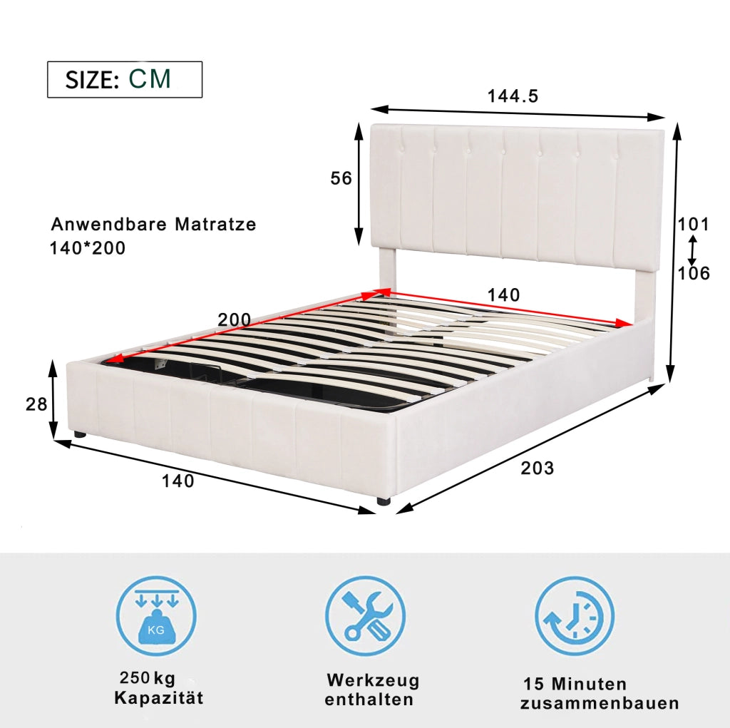Letto matrimoniale imbottito 140x200 cm con contenitore idraulico; velluto crema
