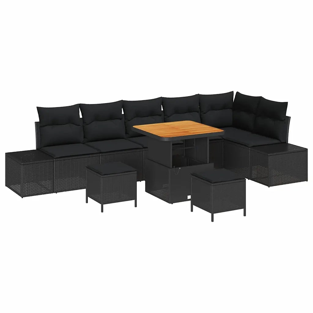 Set Divano da Giardino con cuscino 9 pcs Nero Poly Rattan