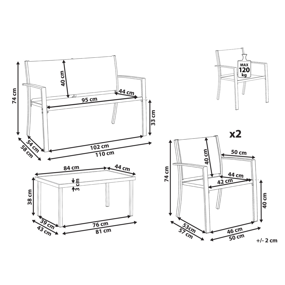 Set da giardino grigio scuro Set da salotto in acciaio 4 posti con tavolo Stile industriale moderno Giardino Patio Balcone
