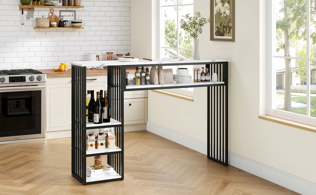 TAVOLO BAR con ripiani 140x40x105 cm MDF effetto marmo Bianco e Nero