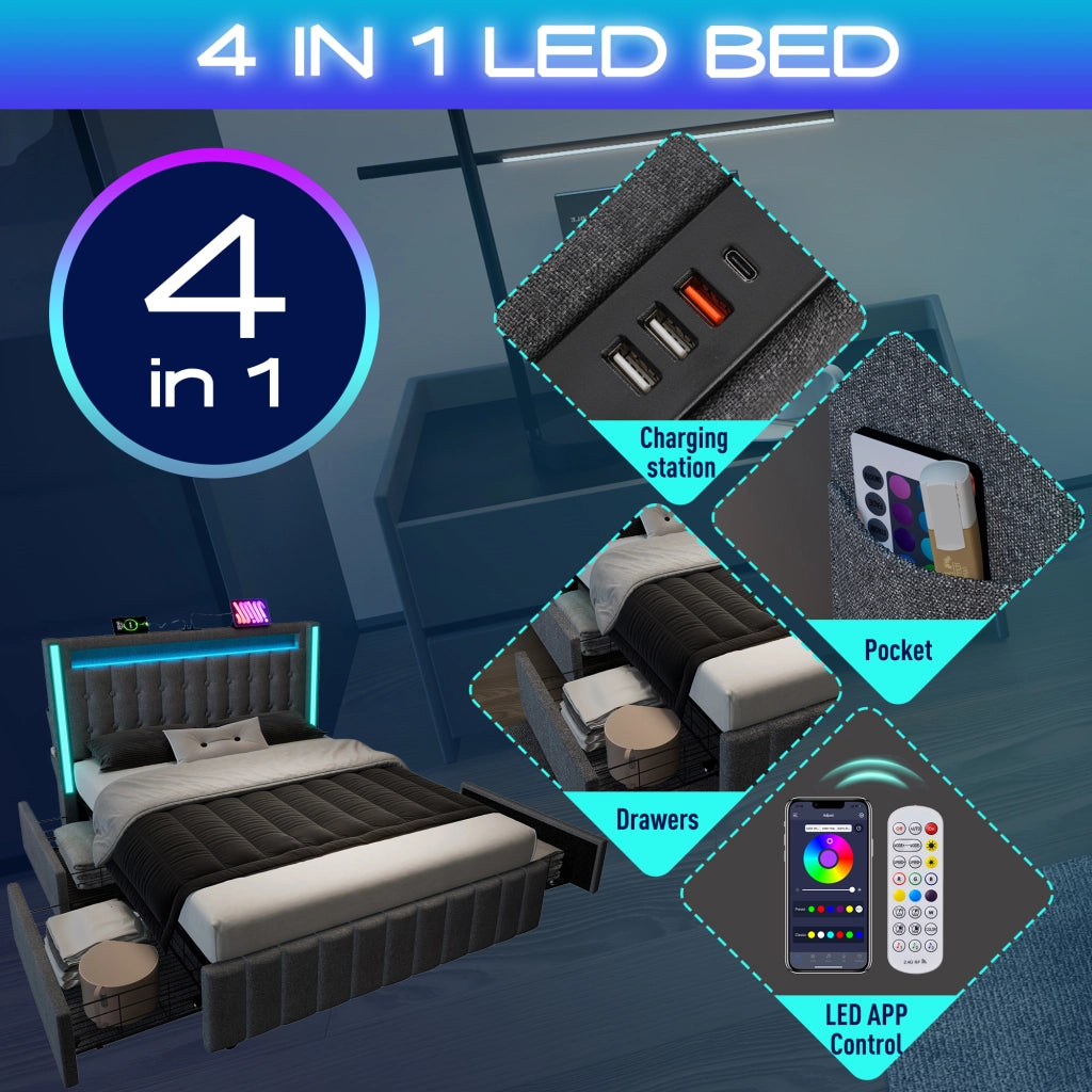 DESMIU Lit Con Cassetti 140 × 200 cm 2 posti, USB Type-C, LED, 4 cassetti, con materasso, in lino, grigio