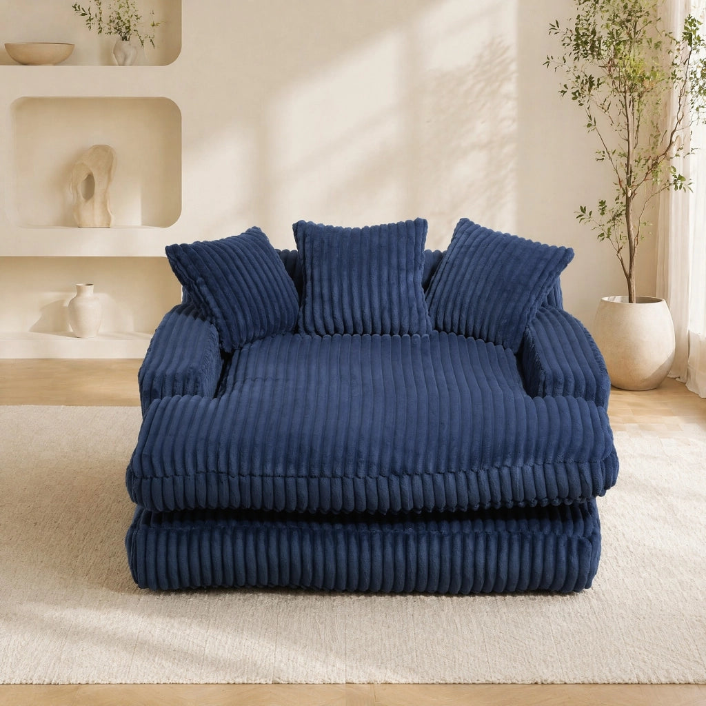 Chaiselongue da interno in corduroy blu navy con 3 cuscini; 125x155x63 cm