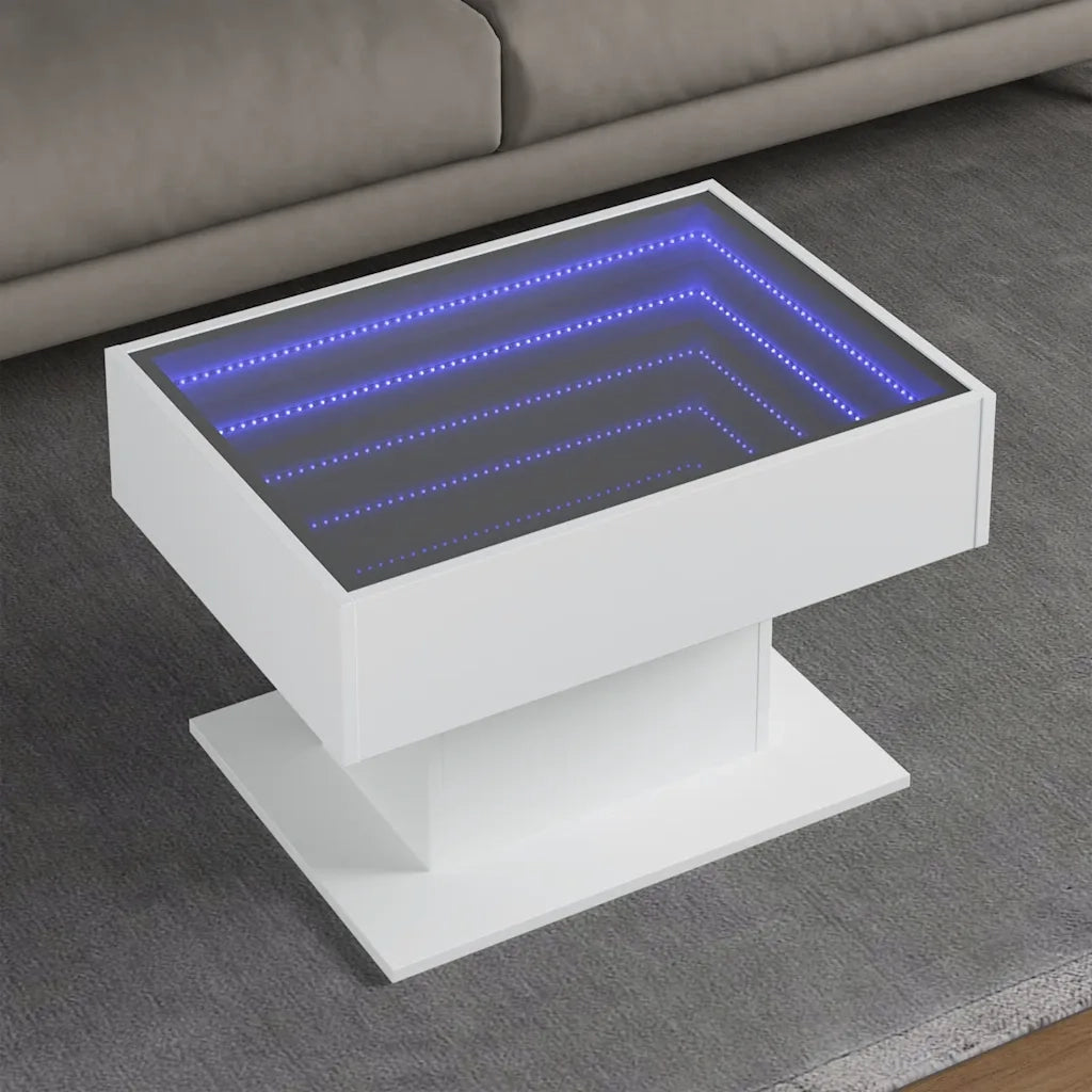 Tavolino Salotto con LED-Tavolino da soggiorno-Tavolo Bianco 70x50x45 cm Legno Multistrato