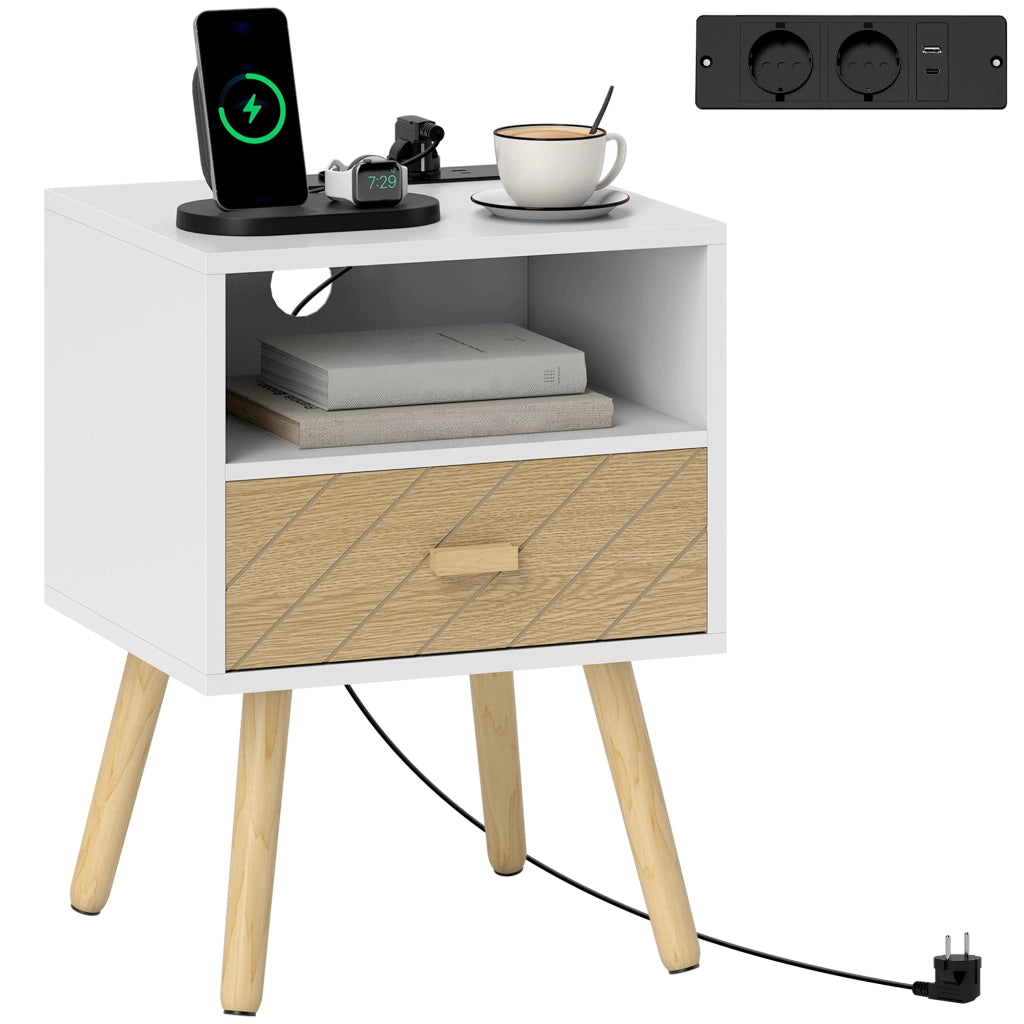 Comodino con Stazione di Ricaricare ¨C zephmum ¨C 2 Prese AC, USB, Tipo-C, Bianco