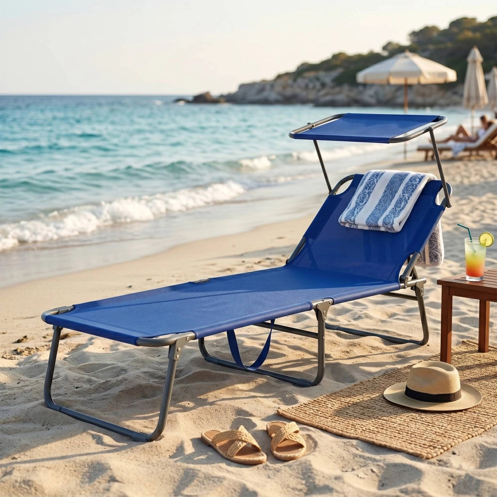 Lettino Pieghevole Gold Sand con Parasole e Poggiatesta, Struttura in Acciaio e Telo PVC 600D per Spiaggia, Giardino e P