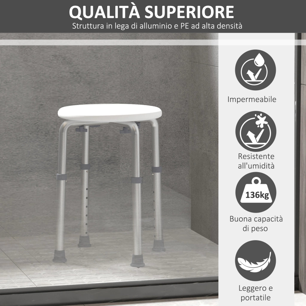 Sgabello da Doccia Girevole ¨C Xylo ¨C Alluminio Regolabile 8 Livelli Antiscivolo Bianco