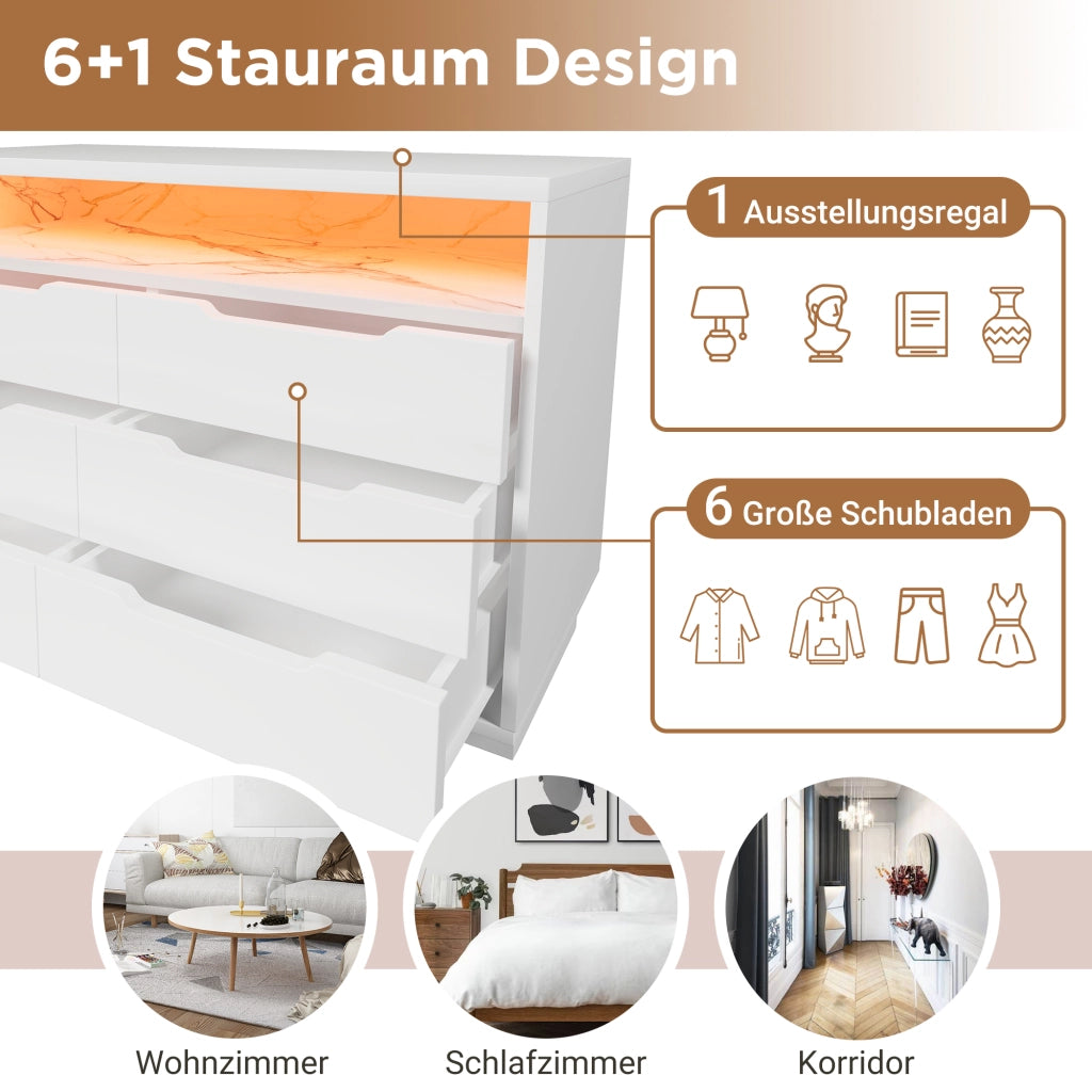 CREDENZA LED 120x40x85 cm Bianca con 6 cassetti