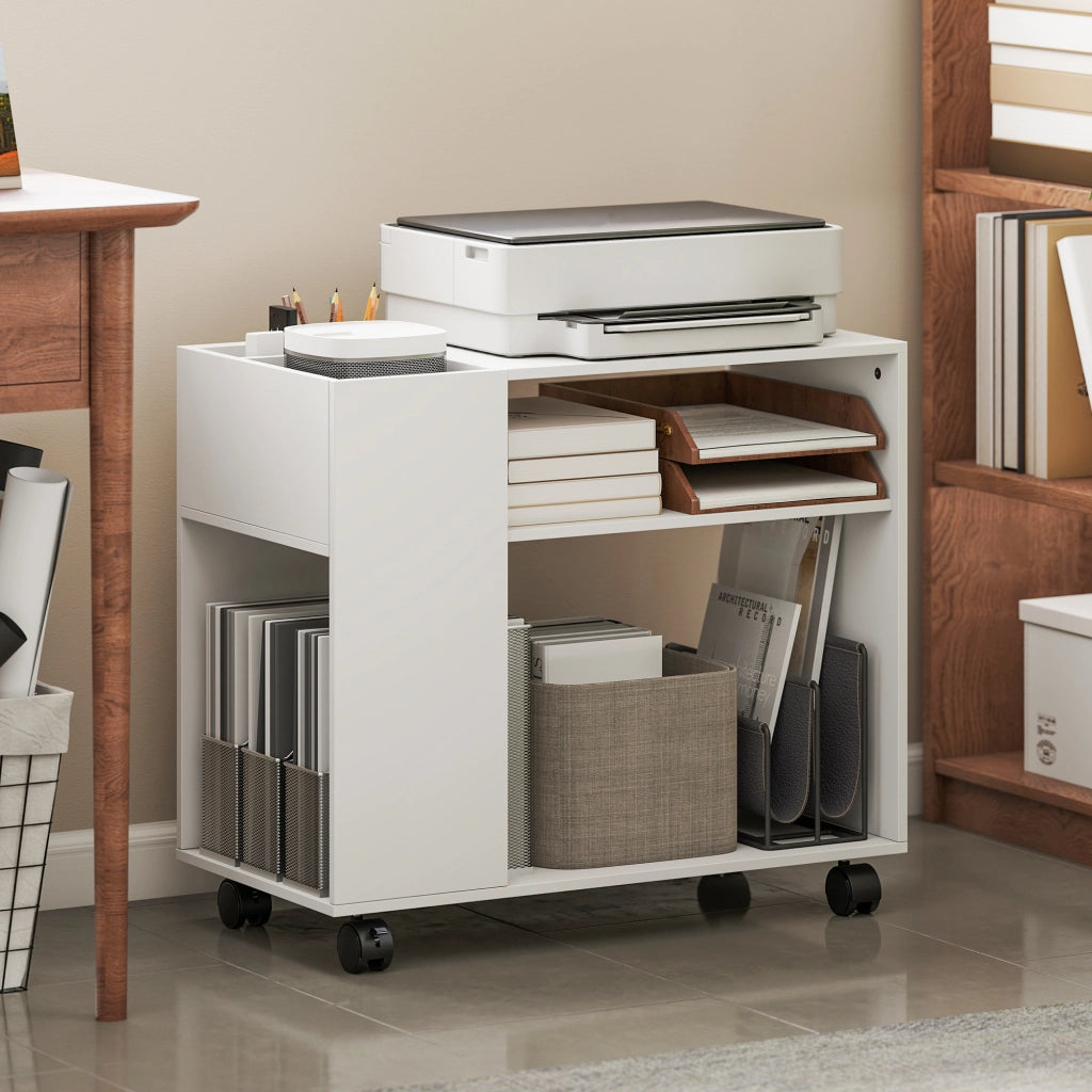 Tavolino da Salotto 70x36x60 cm con Ruote Vani Aperti Ripiano e Scomparto Superficie in Melamina Bianco