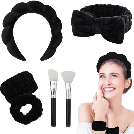 Set di fasce per il lavaggio del viso, insieme di 4 fasce per il trucco, set di fasce per il viso con spugna, set di fasce per il make-up con spazzola per maschera in silicone per il lavaggio del viso (nero)