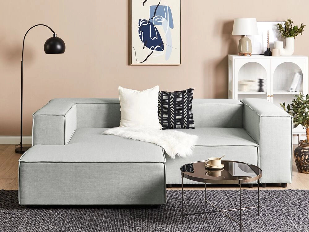 Divano modulare a destra Divano angolare componibile a 2 posti in lino grigio con gambe nere Soggiorno moderno