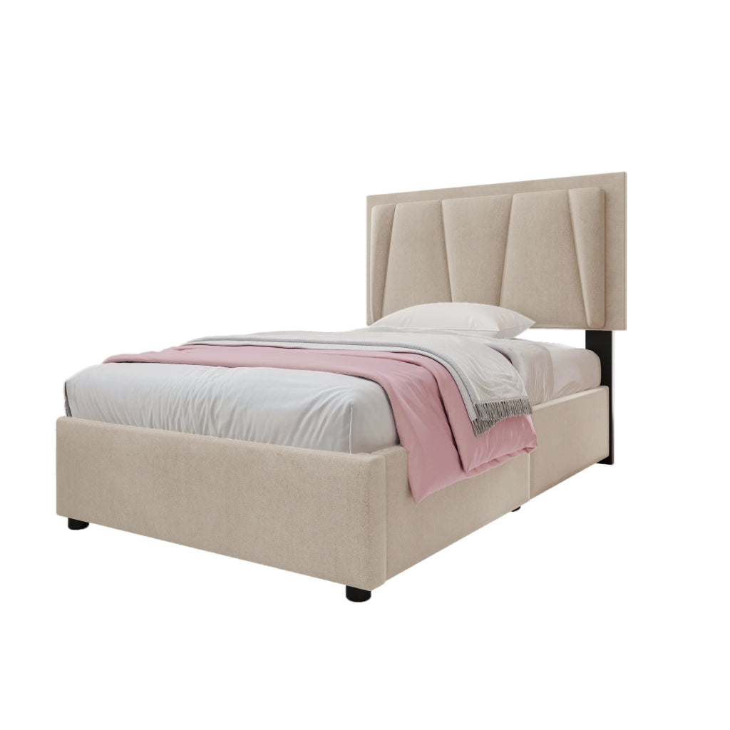 OKWISH Letto Singolo con Cassetti 90×200 cm con LED, 2 Cassetti, Testiera Regolabile e Telecomando, senza Materasso, Beige