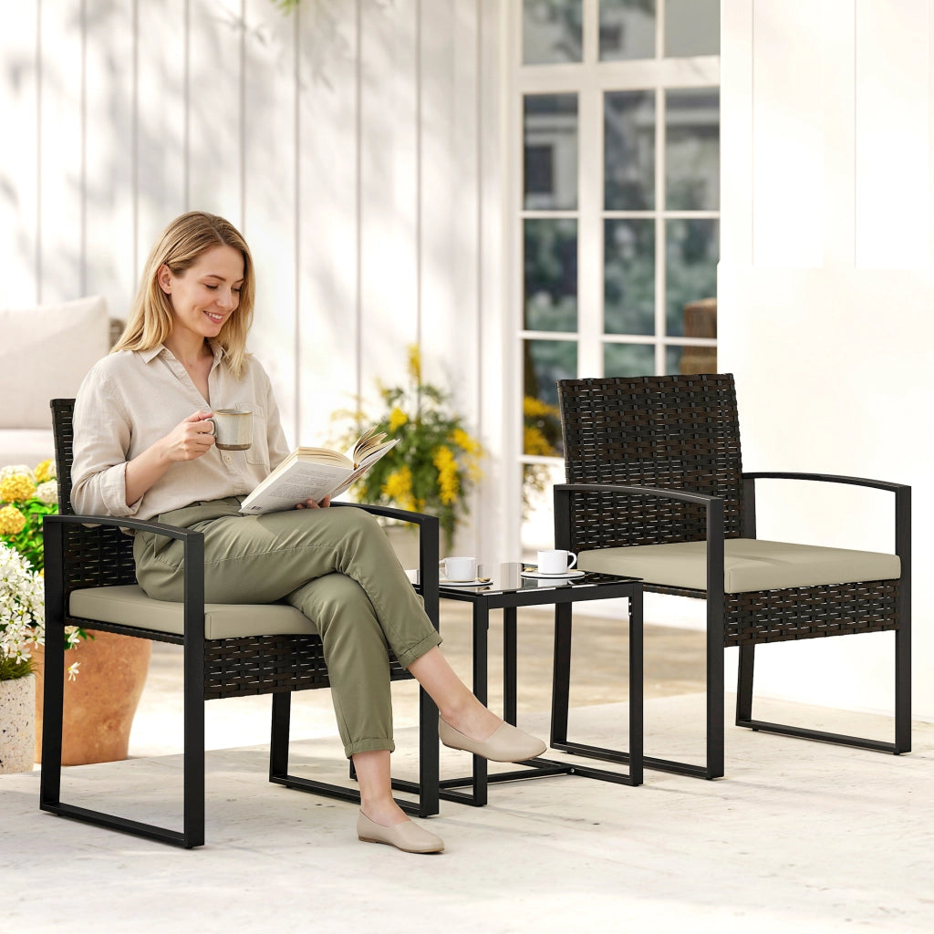 Set da giardino 2 posti con tavolo e sedie ¨C zephmum ¨C marrone, resina, vetro temperato