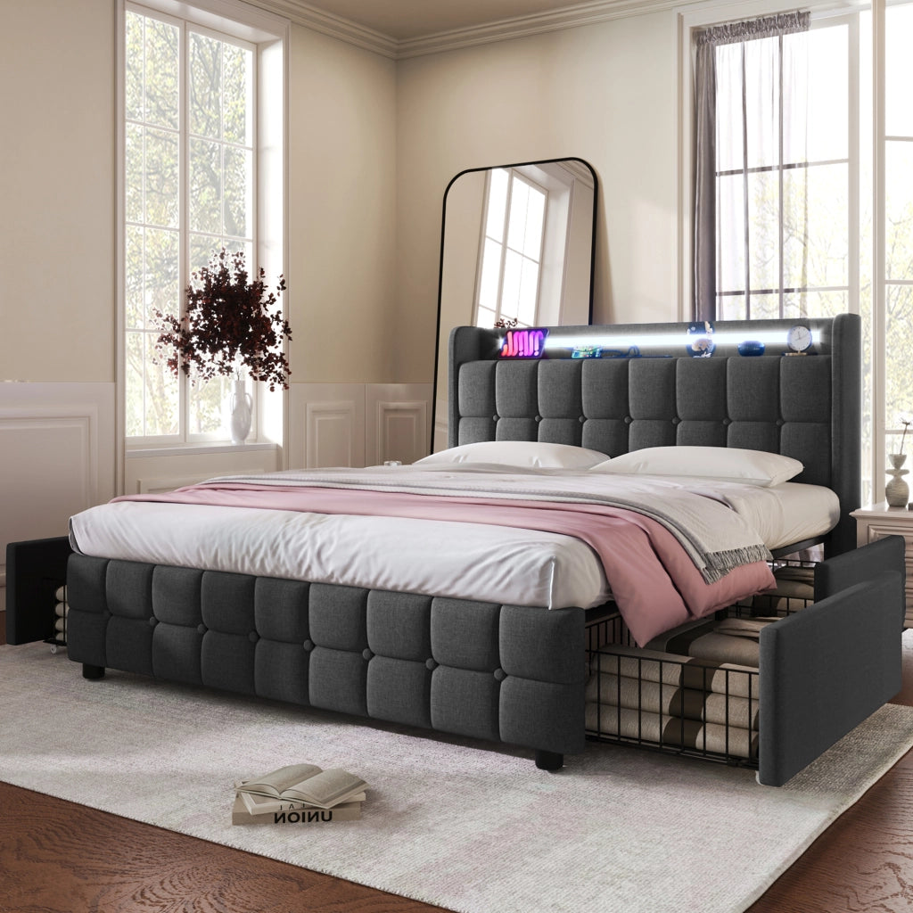 LETTO imbottito 140x200 cm grigio con 4 cassetti, USB e LED