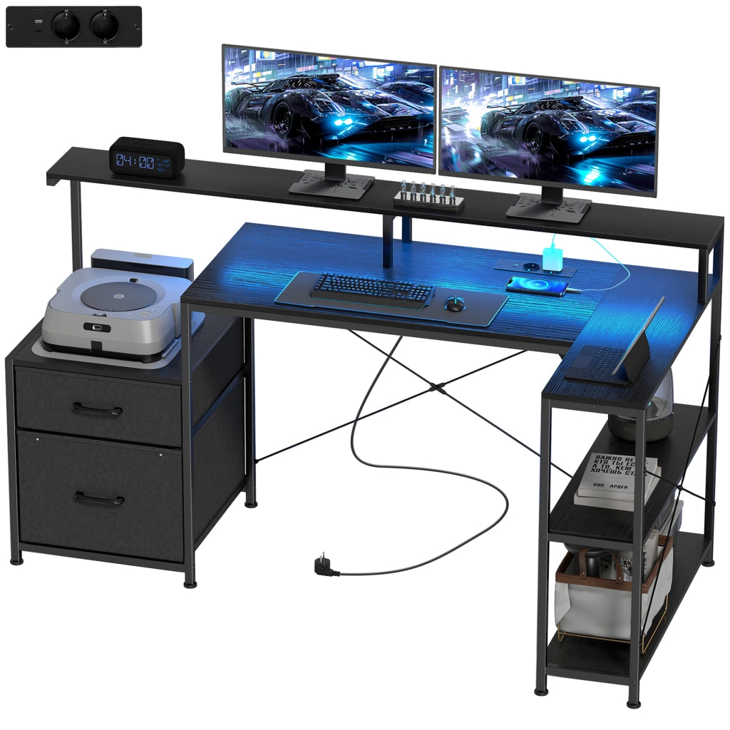Scrivania Gaming Angolare con LED e Monitor ¨C Xylo ¨C 165x80x91,5 cm Nero Legno