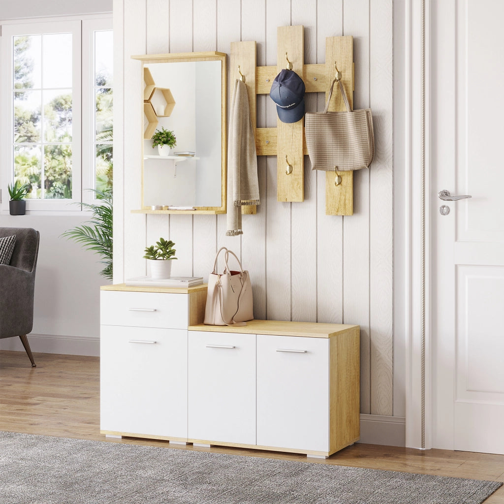 Set Ingresso 3 in 1 con Appendiabiti, Specchio e Scarpiera con Panca ¨C zephmum ¨C Legno