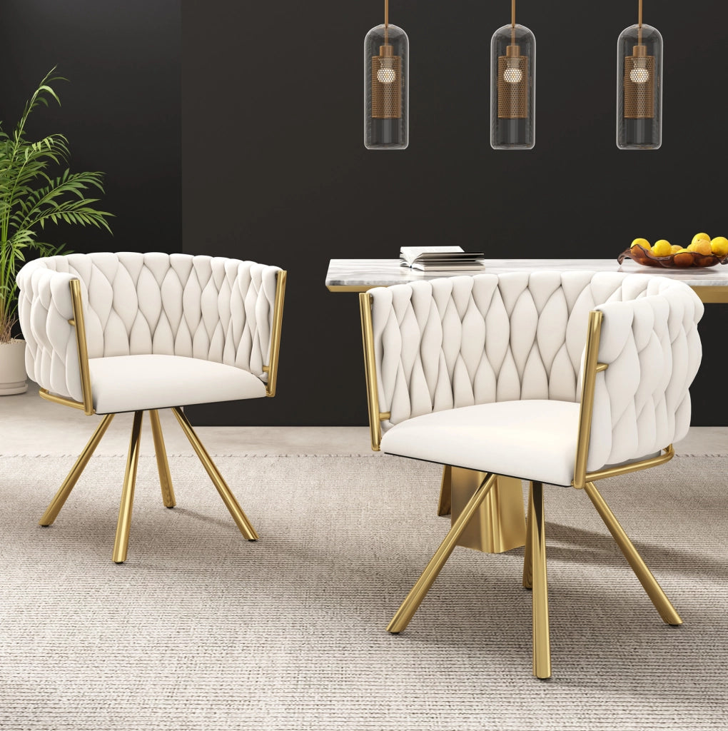 Set di 4 sedie girevoli con rotazione a 360°; rivestimento in velluto beige e oro