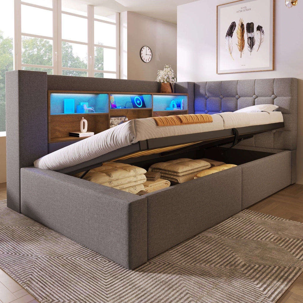 OKWISH Letto contenitore 90×190 cm, Letto singolo con LED, USB e Tipo C, Testiera a L reversibile, senza Materasso, in Lino, Grigio