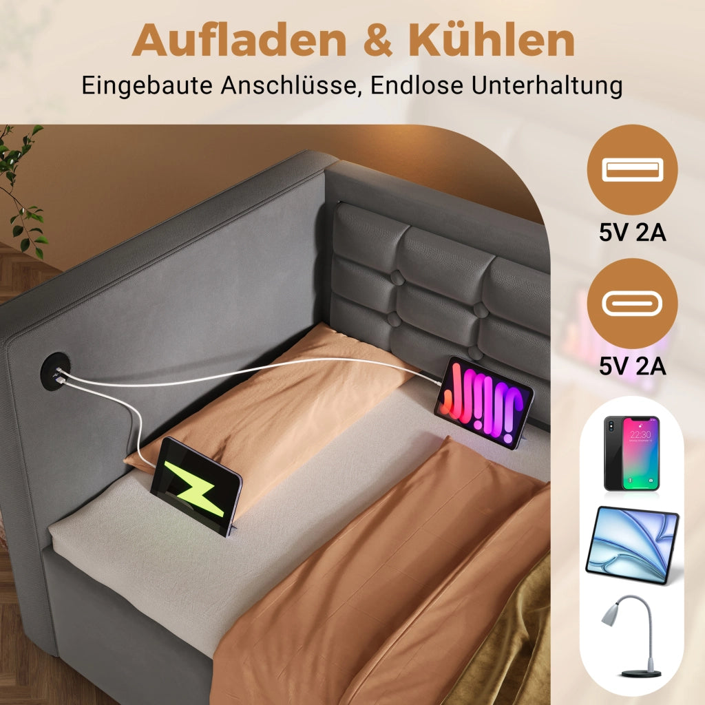 LETTO Divano 90x190 cm in velluto grigio con contenitore e USB Type-C