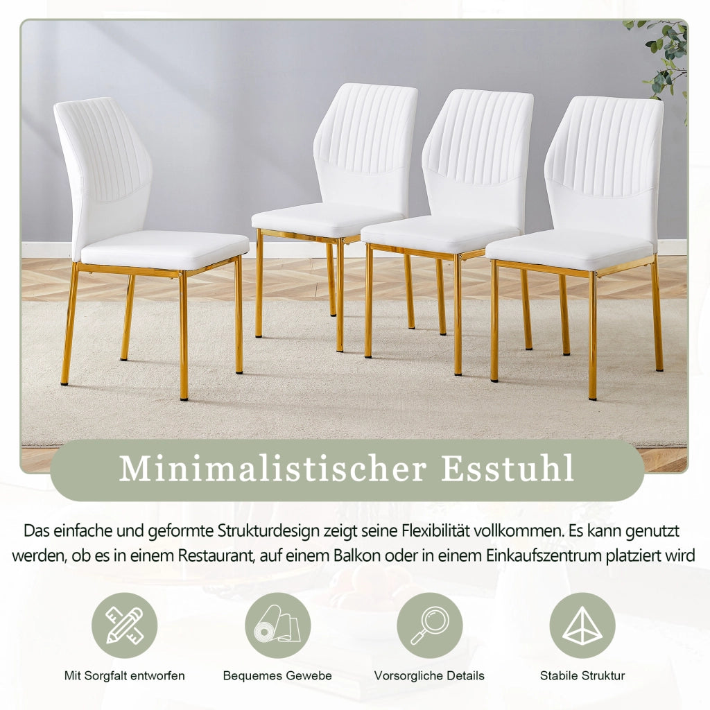 [Set di 4] Sedie da pranzo in stile lussuoso e leggero: schienale in PU bianco con goffratura verticale + gambe in metallo dorato, adatte a sale da pr