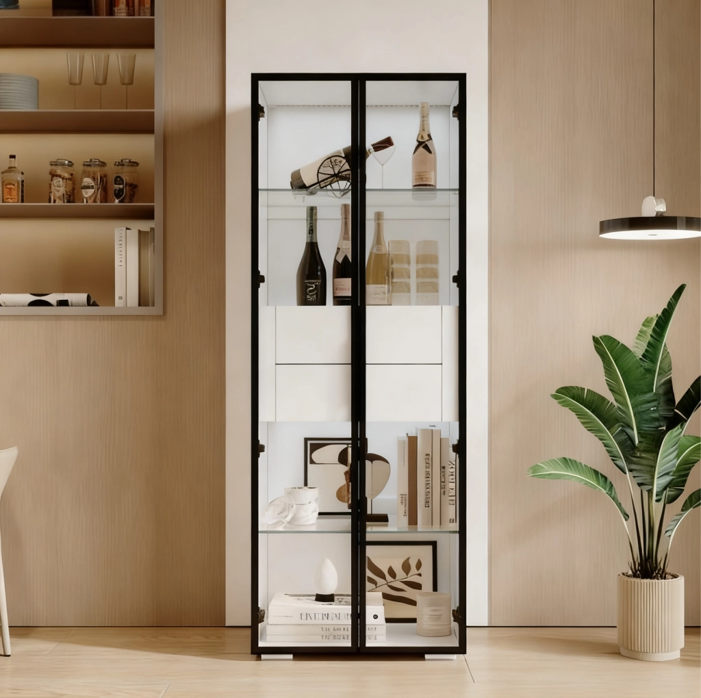 Vetrina 60x40x160 cm con LED e 2 cassetti in MDF e vetro