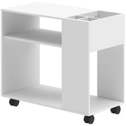 Tavolino da Salotto 70x36x60 cm con Ruote Vani Aperti Ripiano e Scomparto Superficie in Melamina Bianco