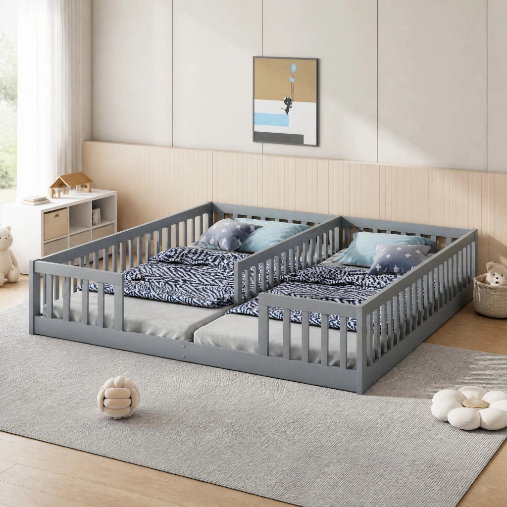 Letto per bambini 90x200 cm in pino e MDF, con sponde di sicurezza e rete a doghe, grigio