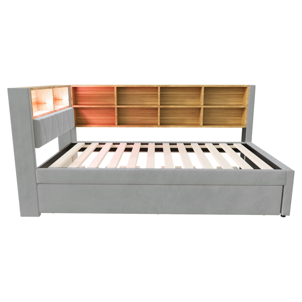 Letto estraibile matrimoniale 90×200 cm e 90×190 cm con LED; USB e ripiani; senza materasso; grigio chiaro