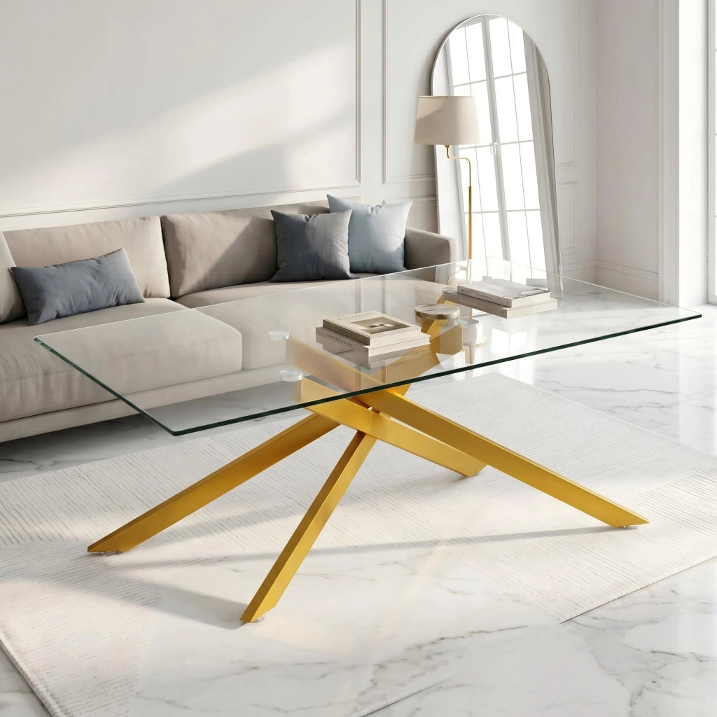 Tavolino da salotto rettangolare in vetro temperato con struttura metallica dorata, 120x60x46 cm